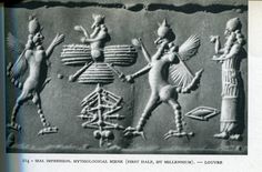 10g - King Anu inside his winged sky-disc / flying saucer, & Enlil with animal gods standing upon the Earth, with unidentified animal gods