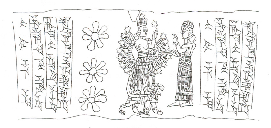 13 - Inanna in battle dress atop lion symbol, & grandaunt Ninhursag