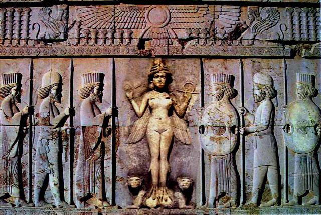 18 - nude winged Inanna atop her lions, pilot depicted with wings, just as today pilots have their wings