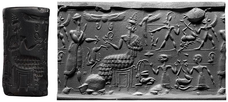 24 - giant semi-divine king & seated Enlil; Nibiru winged sky-disc & Ninhursag's umbilical chord cutter symbols