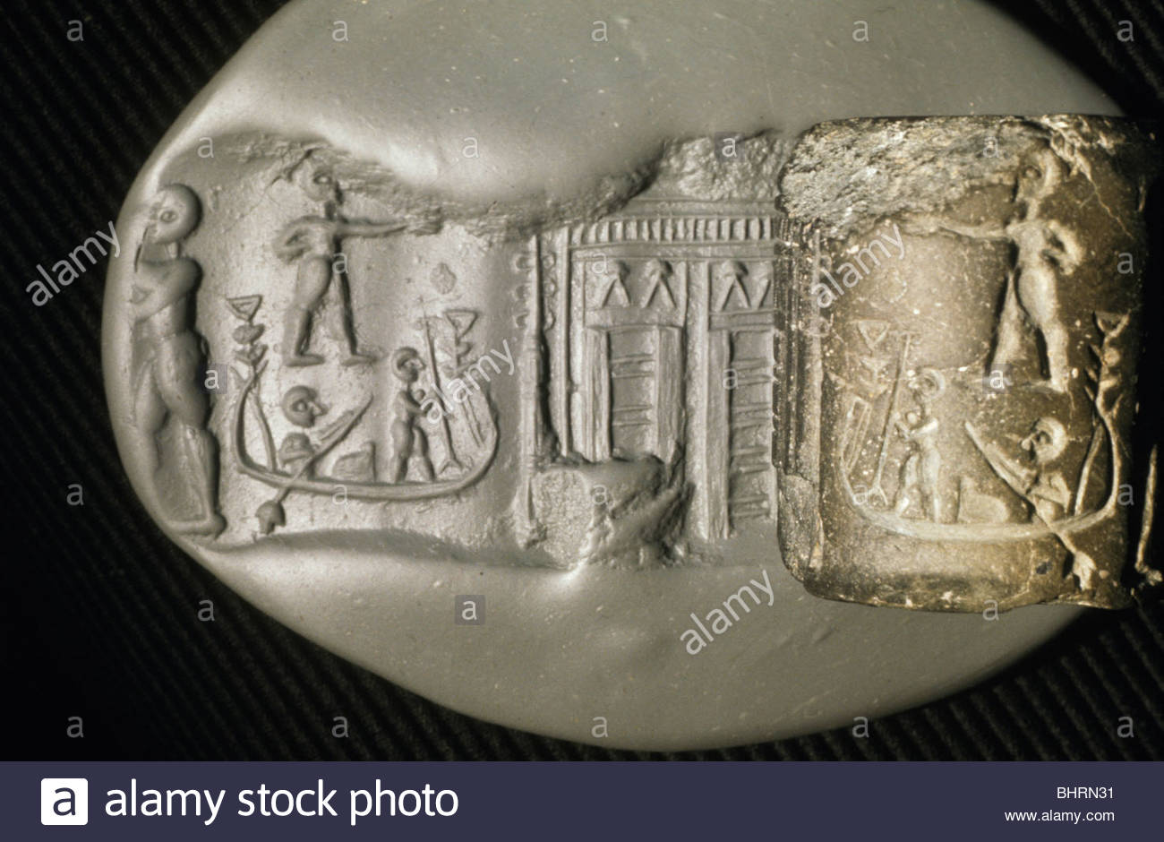 Enki's temple residence on the water's edge, Sumerian cylinder seal from Eridu shows Enki's doorway, artifact in British museum