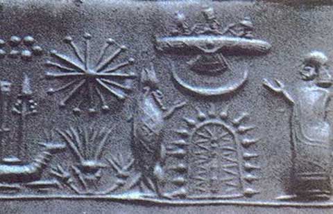 10 - Dagan - Enki in his wet suit & sister Ninhursag; above in sky-disc is Utu, Inanna, & Nannar