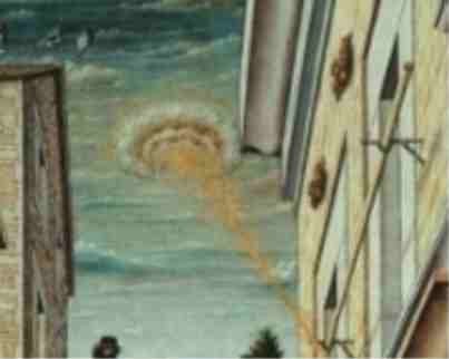 16 - blow-up of "The Annunciation", 1486 depiction of sky-disc with sky-god informing Mary of her miraculous virgin pregnancy