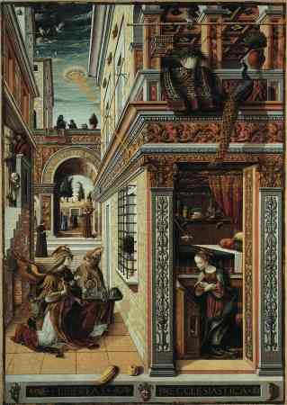 17 - "The Annunciation", Carlo Crivelli 1486, Natl. Gallery in London; Mary receives alien sky-disc communications