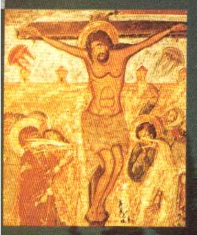 32 - Fresco 17th Cent., Svetishoveli Cathedral Mtskheta, Georgia, 2 sky-discs launch at time of the death of Jesus'