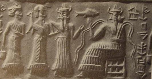 12k - semi-divine spouse & king with dinner offering, Isimud, & Enki, God of Life-Giving Waters; the kings took their orders from the gods, sometimes serving more than one god at a time