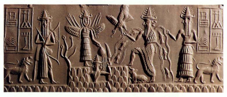 12l - Enlil with scepter & bow, winged pilot Inanna on mountain top, Utu with his rock saw cutting launch & landing sites into the mountain, Enki taking a giant's step, & his vizier Isimud with 2 faces