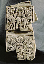 12ea - Gilgamesh coat of arms on top carving, Anzu on bottom, artifact meant to remind people of the tales of Gilgamesh & Myth of Anzu tale