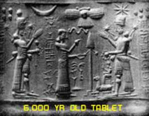 28 - Enlil's 7-Planets, Nannar's Moon Crescent, Nibiru's Sky-Disc, Inanna's 8-Pointed Star, Marduk's long stage Rocket, & Bau's Dog symbols; Ninurta, Ninhursag, Bau seated, & Inanna