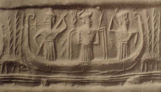 2i - unidentified god, Enki, & unidentified god in boat in the marshes of the Abzu; Enki's residence in Eridu is along the abzu marshes, in southern Iraq by Persian Gulf