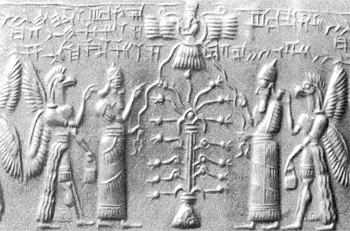 3 - Anu above in his sky-disc / flying saucer, Enlil, & Enki below with Tree of Life, the top 3 gods in Heaven & on Earth Colony, #1 Anu, #2 Enlil, Anu's 2nd son, & #3 Enki, Anu's 1st son, plus 2 unidentified Apkulla pilots