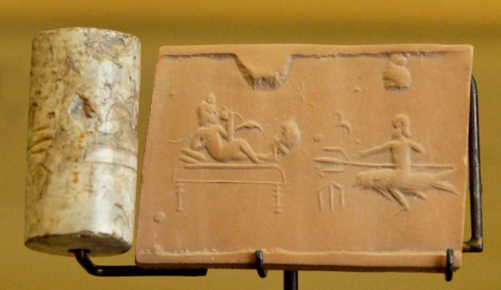 33 - fish-god Enki; Achaemenid Cylinder seal, Louvre
