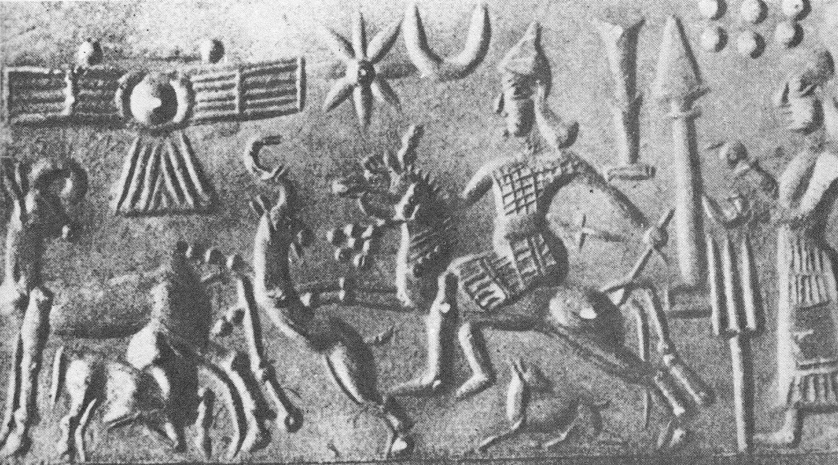 34 - Nibiru's Sky-Disc, Inanna's 8-Pointed Star, Nannar's Moon Crescent, Nabu's Stylus, Marduk's Spade-Rocket, Enlil's 7-Planets, & Adad's Fork symbols; giant Inanna riding a horse, & Ninhursag