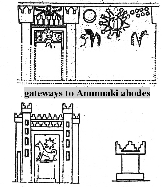 34 - Nibiru's winged Sky-Disc, Enki's eclipse, Nibiru's 12-Pointed Star, Enlil's 7-Planets symbols; the gates of heaven with many symbols of gods