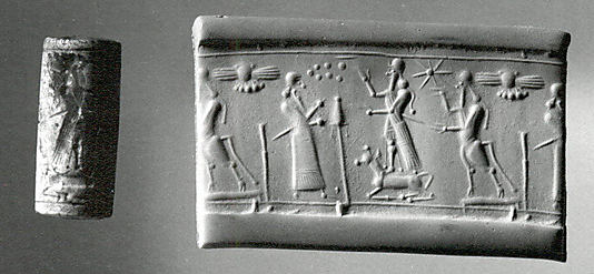 36 - Nibiru's Sky-Disc, Anu's 8-pointed star, Marduk's rocket, Nabu's stylus,  & Enlil's 7-Planets symbols; Enlil directs Ninurta & Adad as animal symbol, both bull gods