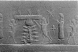 3d - Enki, Anu, Enlil in winged sky-disc / flying saucer from another world, & rival Alalu awaiting their arrival to Earth; obvious flight scene artifact from thousands of years ago