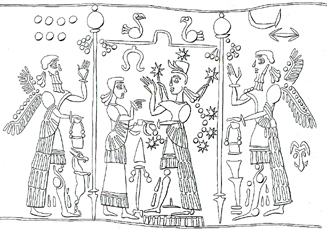 50 - Enlil's 7-Planets symbol amongst others in scene; Ninhursag directing Ishtar-Inanna with Ninurta on left & Nabu on right