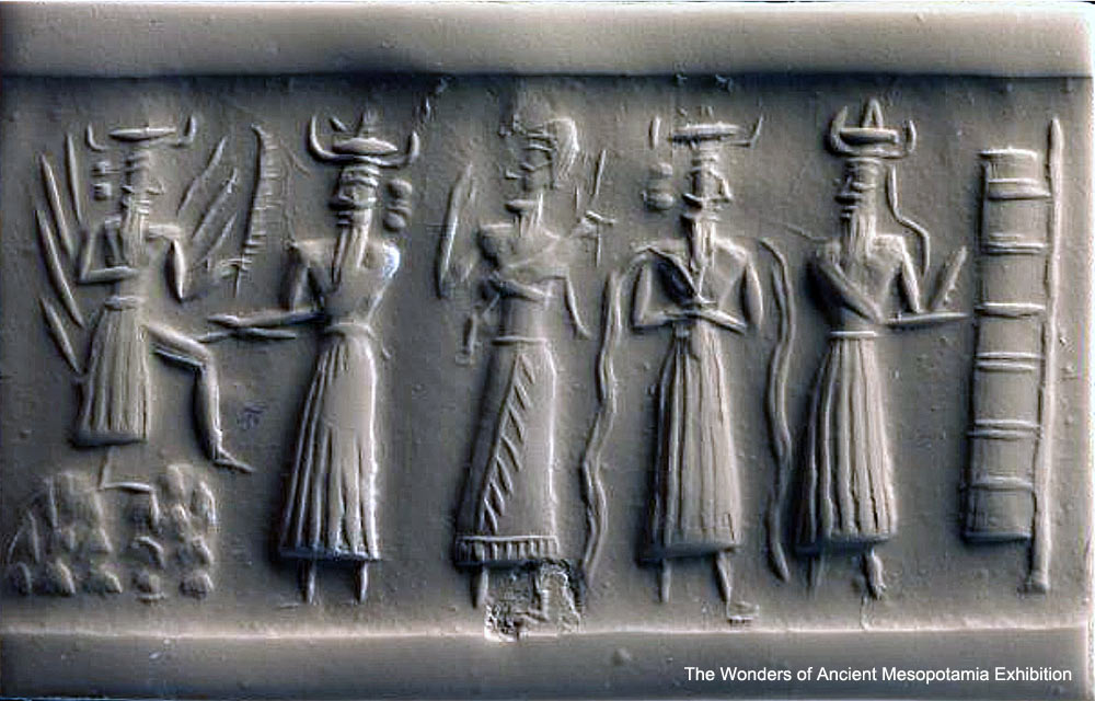 5c - Utu atop mountains, Marduk, giant Babylonian semi-divine king, Enki, & Nabu, a skilled scribe trained in the secret art