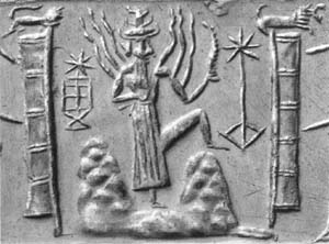 7 - Inanna's 8-Pointed Star symbol; Utu-Shamash, God of the Spaceport in the Mountains, Utu with rock saw in hand, cutting launch & landing sites into the mountains