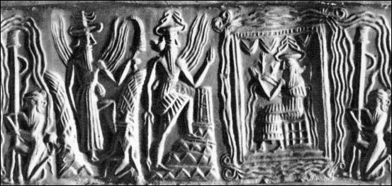 8 - Utu with his alien tech rock saw in hand, & Ninurta climbed the ziggurat stairs to see Enki seated upon his throne inside his Eridu ziggurat residence; this artifact is the scene from the text "Ninurta's Journey to Eridu"