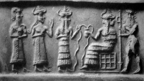 12j - semi-divine leader of earthlings, Ninhursag, Isimud, & Enki with giant earthling worker in Eridu