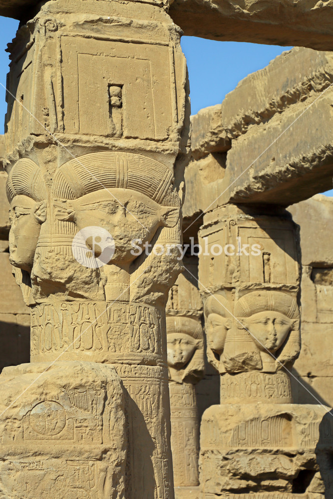 100 - story blocks of ancient Egyptian goddess Hathor, her many sculptures on the pillars in her temple residence of Dendera