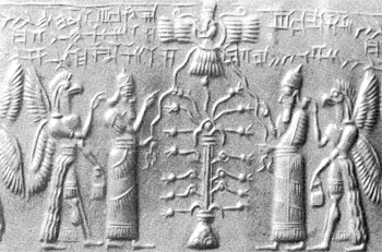 10f - Apkulla pilot, aging Enki, King Anu inside his winged sky-disc / flying saucer, aging Enlil, Apkulla unidentified pilot, & Tree of Life, Enki with his pilot, & Enlil with his Apkulla pilot