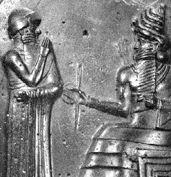 2n - Babylonian King Hammurabi stands in reverence before the god Utu, a go-between giant semi-divine mixed-breed from gods to earthlings