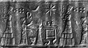 30 - umbilical chord cutter symbol above Ninhursag's head ;ancient scene kept alive of Ninhursag visiting Adad atop his ziggurat residence