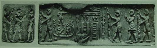4ca - Enki's temple dock on the Euphrates River bank in Eridu, artifact depicts semi-divines decorating Enki's residence
