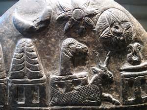 19 - Nannar's Moon Crescent, Inanna's 8-Pointed Star, Utu's Sun Disc, Anu's & Enlil's Royal Crown of Horns, Enki's Turtle & Goat-Fish, & Ninhursag's Umbilical Chord Cutter symbols on kudurru stone