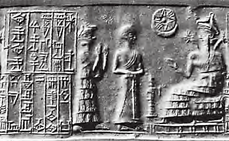 10 - triad of symbols for family of Nannar with his Moon crescent, Utu's Sun disc, & Inanna's 8-pointed star; goddess Ninsun, her two-thirds divine son-king Gudea, Inanna in background, & seated Ningishzidda