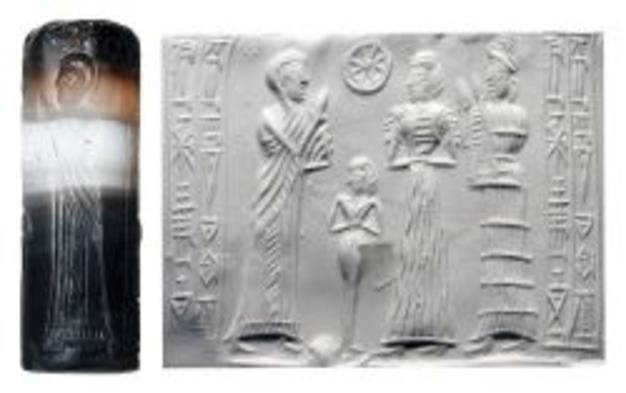 13 - semi-divine king, his naked spouse Inanna in background, Ereshkigal, & Ninsun; a scene so important that they made this artifact to remember it by for all time