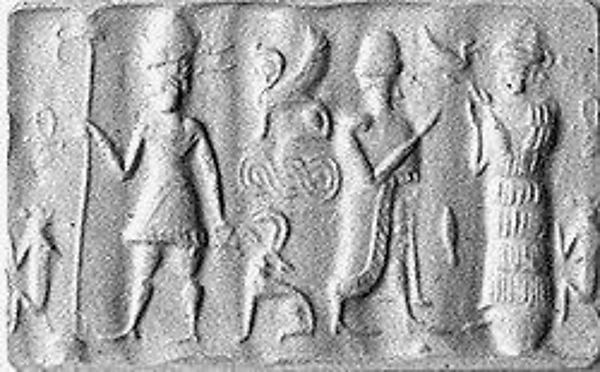 13 - faded artifact of a semi-divine shepherd offspring of the gods, Nannar, & Ninsun in her adorning pose, an identifier of Ninsun on Mesopotamian artifacts