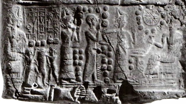 18 - Ninsun, semi-divine descendant high-priest, Inanna holding the semi-divine by the wrist, & Nannar the patron god over Ur, its semi-divine kings, high-priests, priests, & priestesses