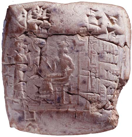 18 - mixed-breed king standing before his seated god Nannar; Nannar had all the semi-divine kings of Ur stand before him & receive their instructions for thousands of years