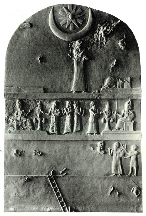 1a - triad symbol of Nannar's Moon crescent, Utu's Sun disc, & Nibiru's 12-pointed star; top panel: Utu damaged & seated, middle panel: Ningal seated, Ur-Namma, Ninsun, & Nannar seated; next panel: Nannar, Ur-Namma, & high-priest helping king carry the load