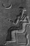 1c - Nanna seated on his throne in Ur, & his symbol the Moon crescent; older brother to Nergal, Adad, & more; Nannar was keeper of the herds / dinner held in Ur