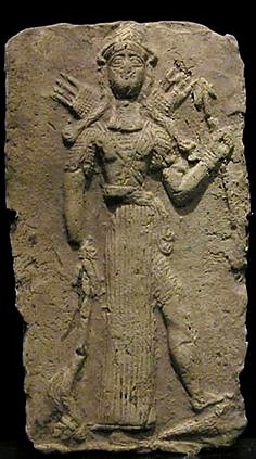 1g - ancient relief of weaponized Goddess of War Inanna with alien technologies in hand & on her back