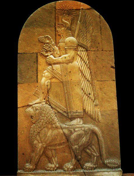 1k - Babylonian image of Sun God Utu atop sister Inanna's lion,-Leo