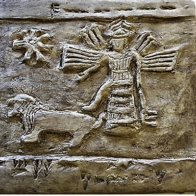 1p - ancient relief of Inanna & her Leo lion symbol, Enlil's 7-Pointed Star symbol