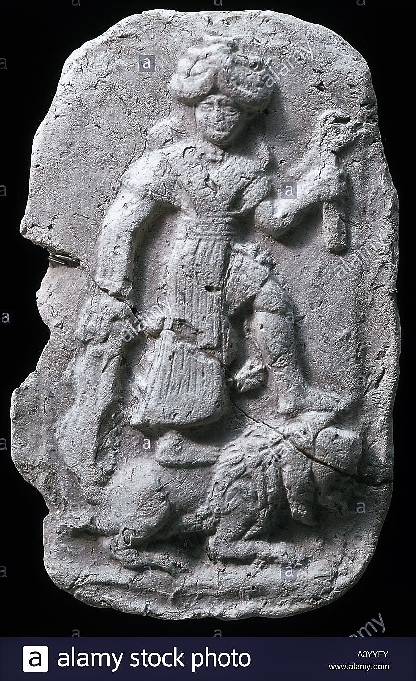 1q - ancient Inanna relief, Goddess of War upon her lion beast symbol for her zodiac sign Leo; ancient Babylonian stele artifact