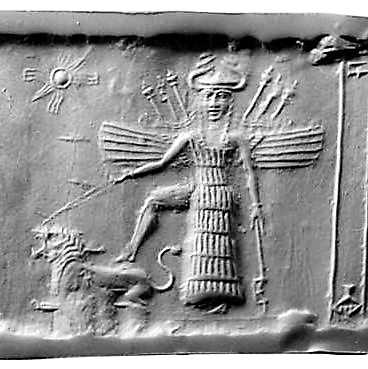 1t - winged pilot goddess Inanna cylinder seal artifact with alien technologies & Leo the lion symbol