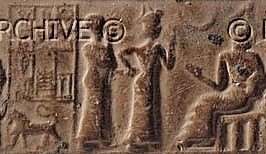 1u - giant semi-divine king of Ur held by the wrist by Inanna, & her father Nannar, making many semi-divines his sons-in-law & his kings of Ur; a scene long ago forgotten when the gods lived with the rest of us in their ziggurats