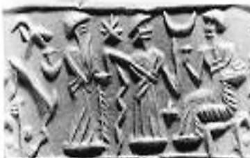 1w - important ancient scene preserved, semi-divine king brought by Inanna before Nannar the Moon god; Inanna espoused so many semi-divine kings thet she earned the title of Goddess of Love