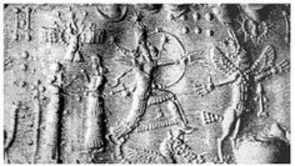 20 - Anu in his winged sky-disc / flying saucer, & Utu in his Sun sky-disc / flying saucer, Enlil, Ninhursag, & their son Ninurta battling Anzu; Anzu stole the "tablets of Destinies" from Enlil, Ninurta got them back