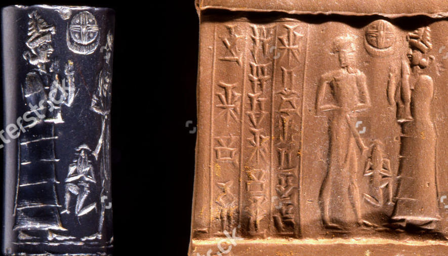 21 - unidentified semi-divine appointed to kingship, & his goddess Ninsun, a semi-divine in background waiting his turn to be a king somewhere in Mesopotamia