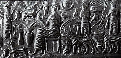 23 - semi-divine mixed-breed king stands before Nannar seated, Ninurta, & Adad atop bull symbols; ancient scene of the gods in Mesopotamia