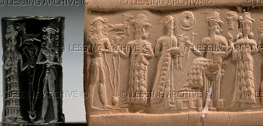 25 - mixed-breed worker, Enki, Nannar with dinner, Sun god Utu seated, & Inanna; a time long forgotten when the gods came down & walked upon the Earth