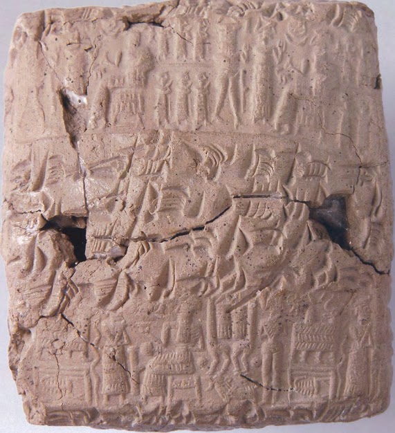 28 - top panel: mixed-breed worker, Ninsun, & Nannar; bottom panel: Ninsun, Nannar artifact from Ur with naked Inanna